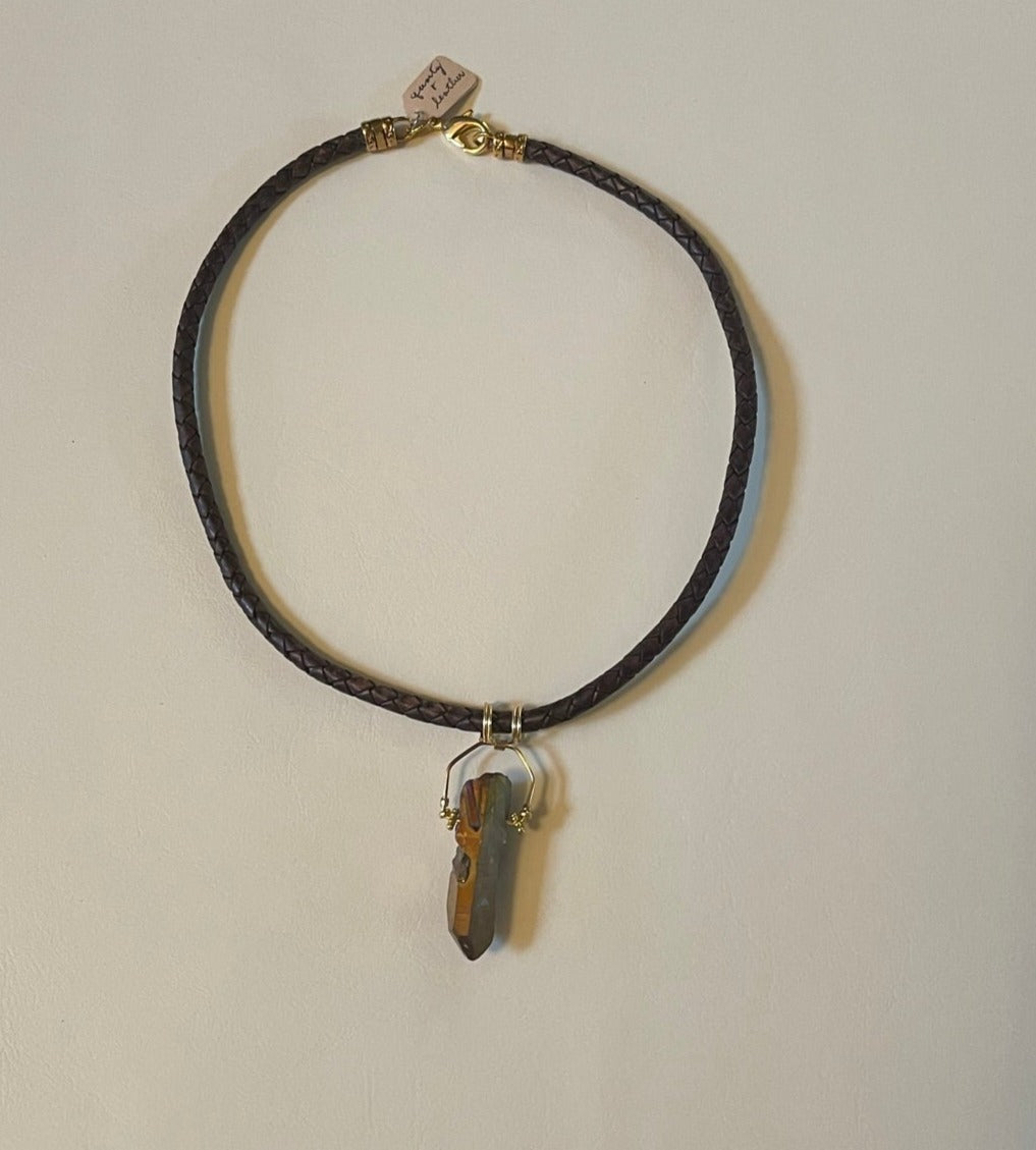 Chunky Quartz Crystal on Braided Leather Cord