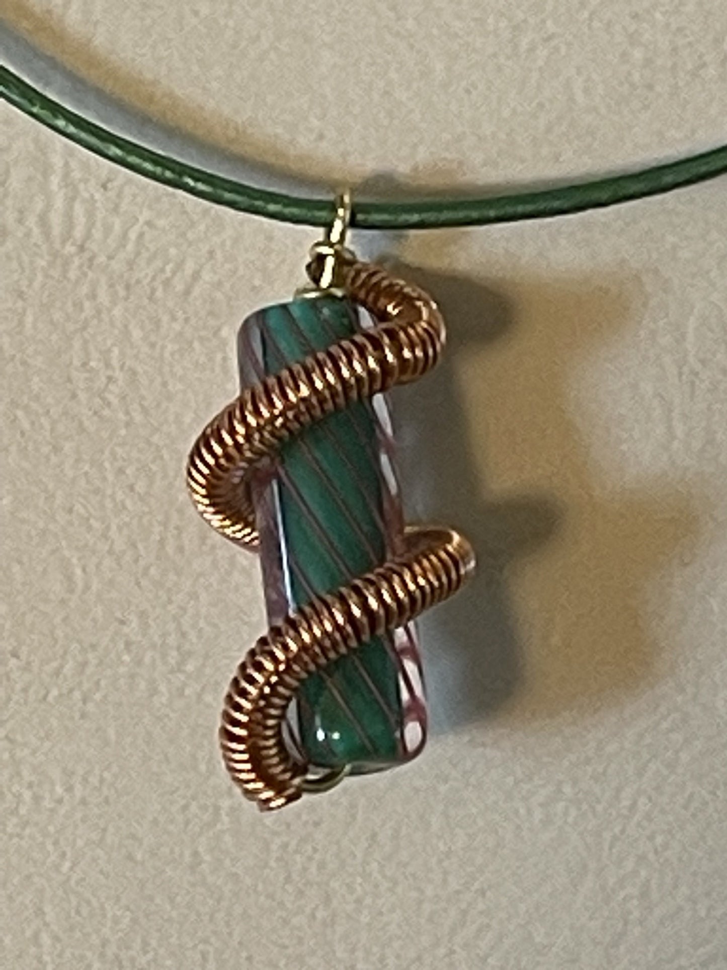 Green Leather Cord with Adorable Green Artisanal Cane Bead with Pink Stripes