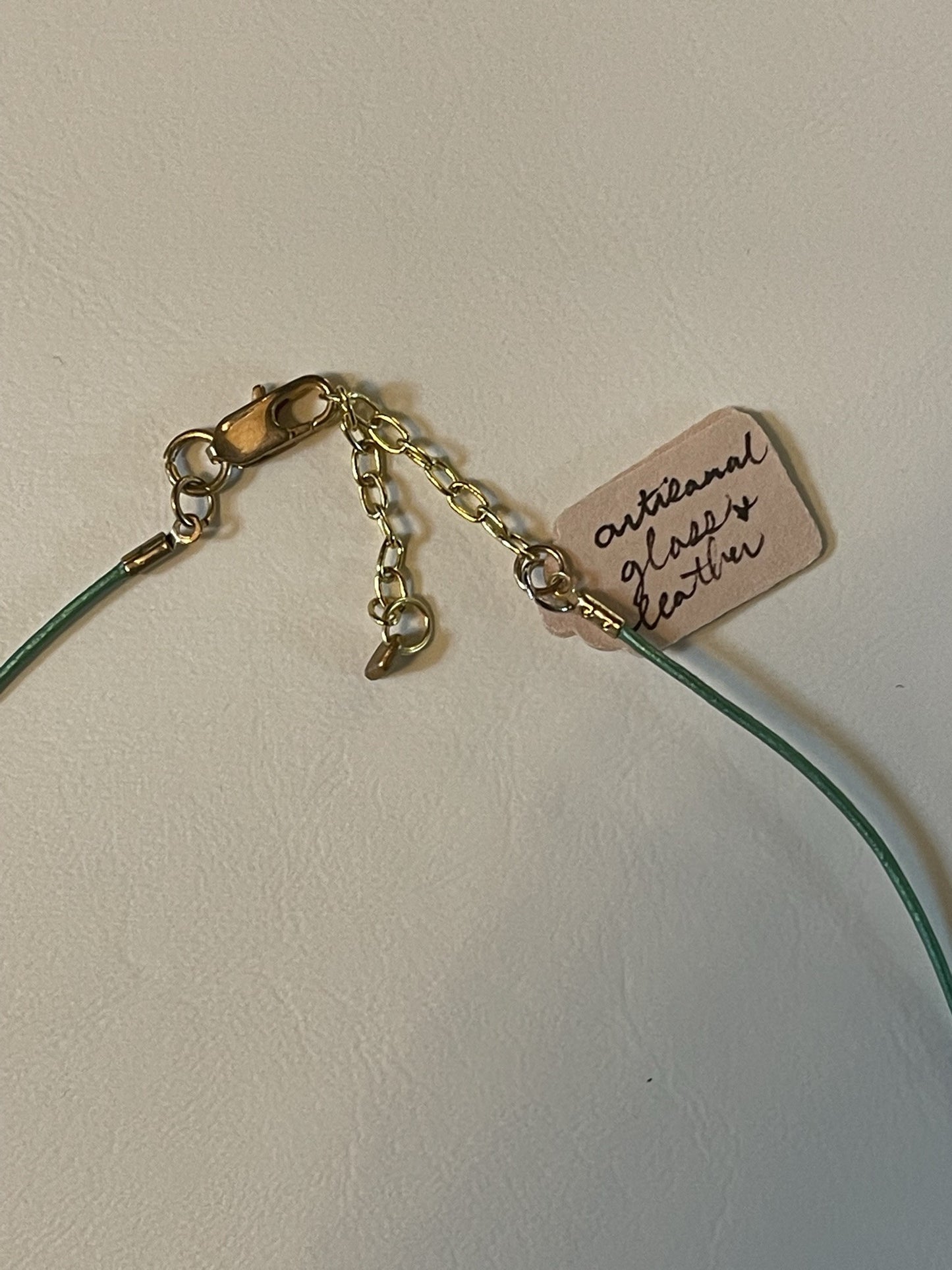 Green Leather Cord with Adorable Green Artisanal Cane Bead with Pink Stripes