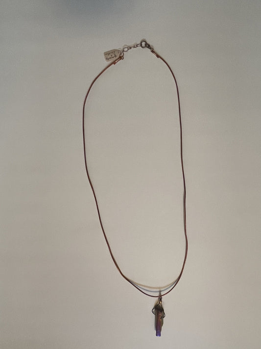 Long Quartz Crystal on Long Copper Colored Leather Cord