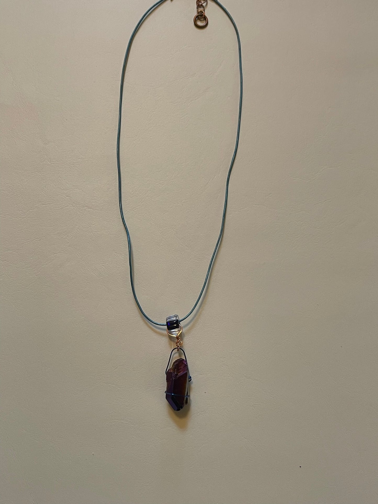 Quartz Crystal on Leather Cord with Artisanal Glass Cane Bead