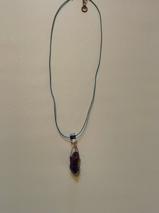 Quartz Crystal on Leather Cord with Artisanal Glass Cane Bead