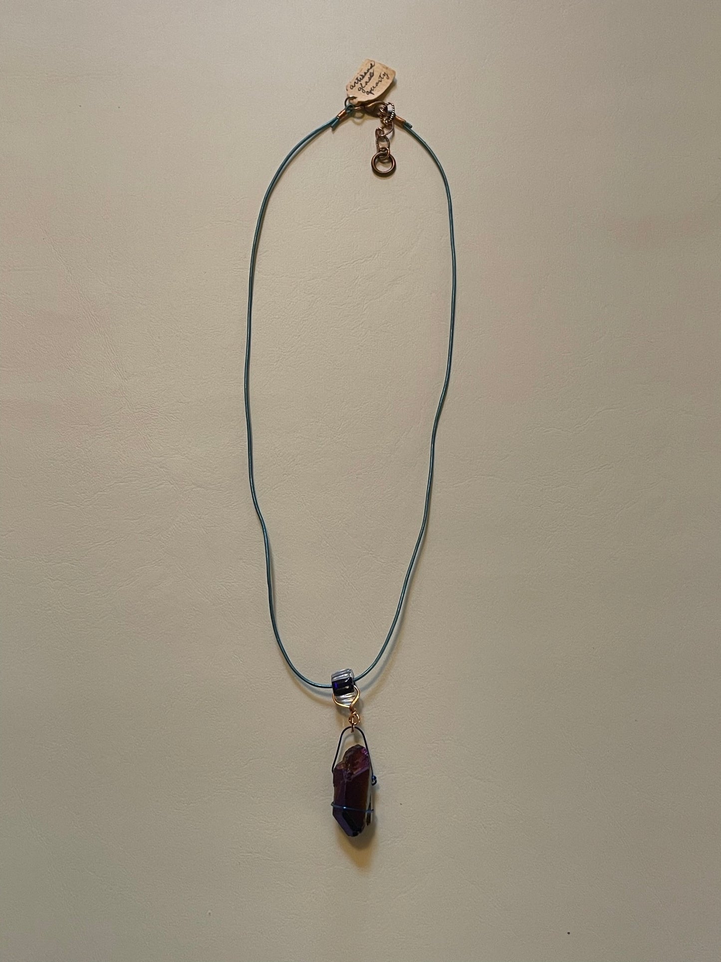 Quartz Crystal on Leather Cord with Artisanal Glass Cane Bead