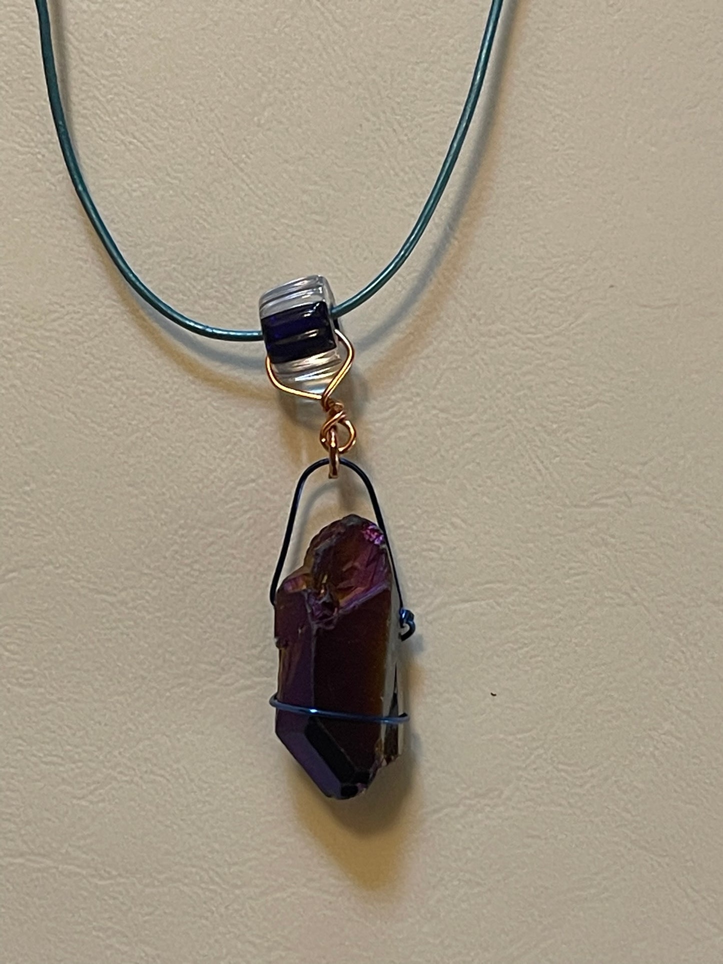 Quartz Crystal on Leather Cord with Artisanal Glass Cane Bead