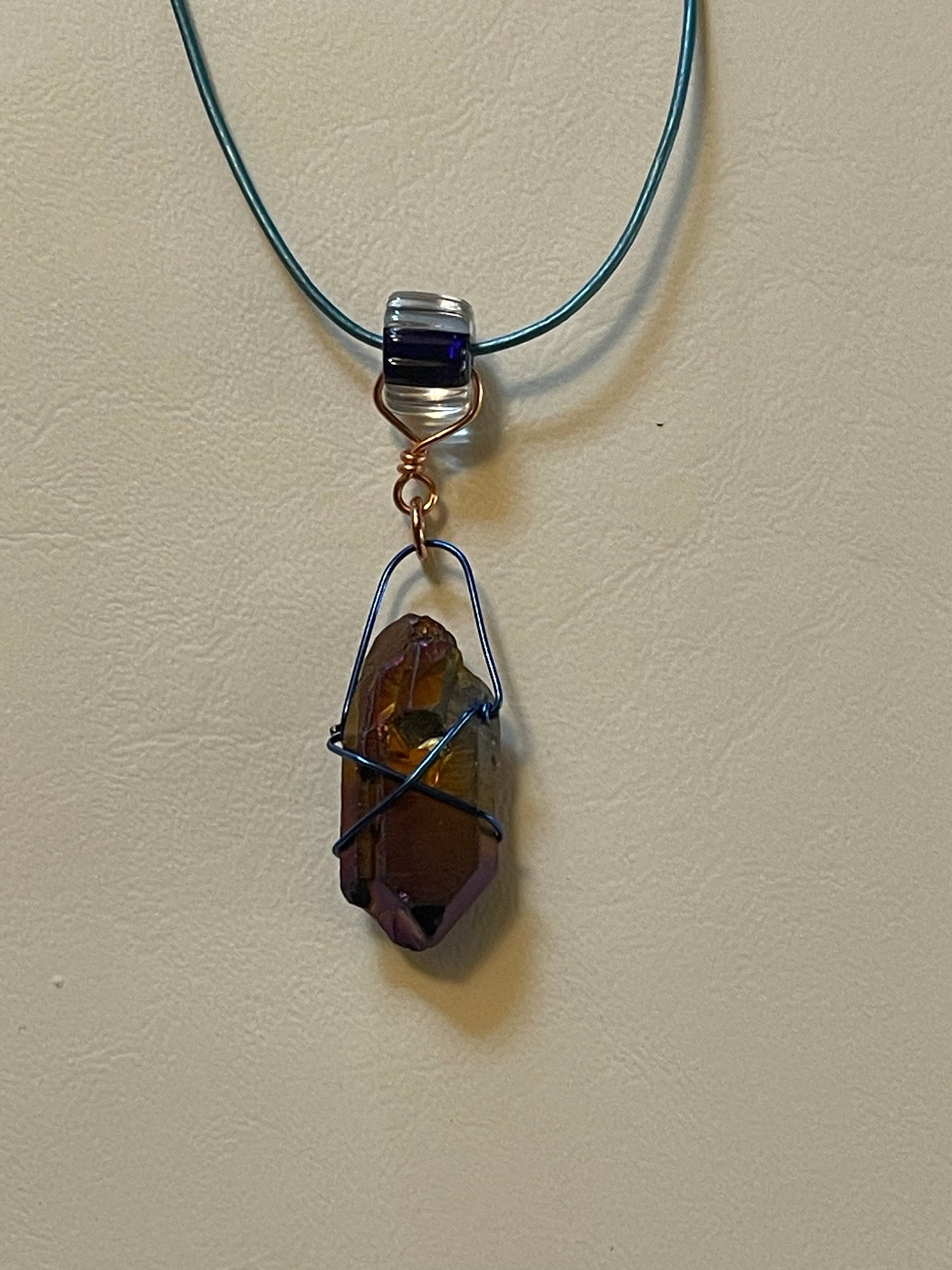 Quartz Crystal on Leather Cord with Artisanal Glass Cane Bead