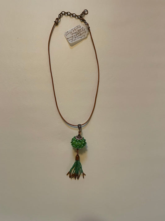 Artisanal Bead with Handmade Tassel of Seed Beads with Copper-Colored Leather Cord