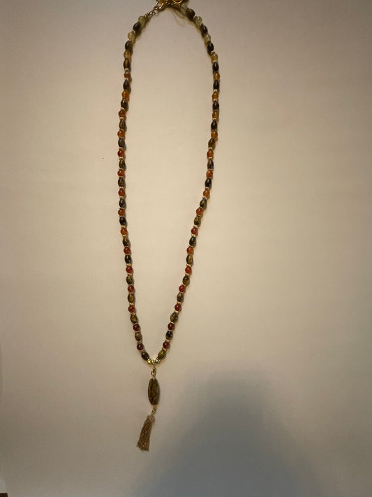 Graded Color Carnelian and Tigereye Necklace with Carved Stone and Chain Tassel