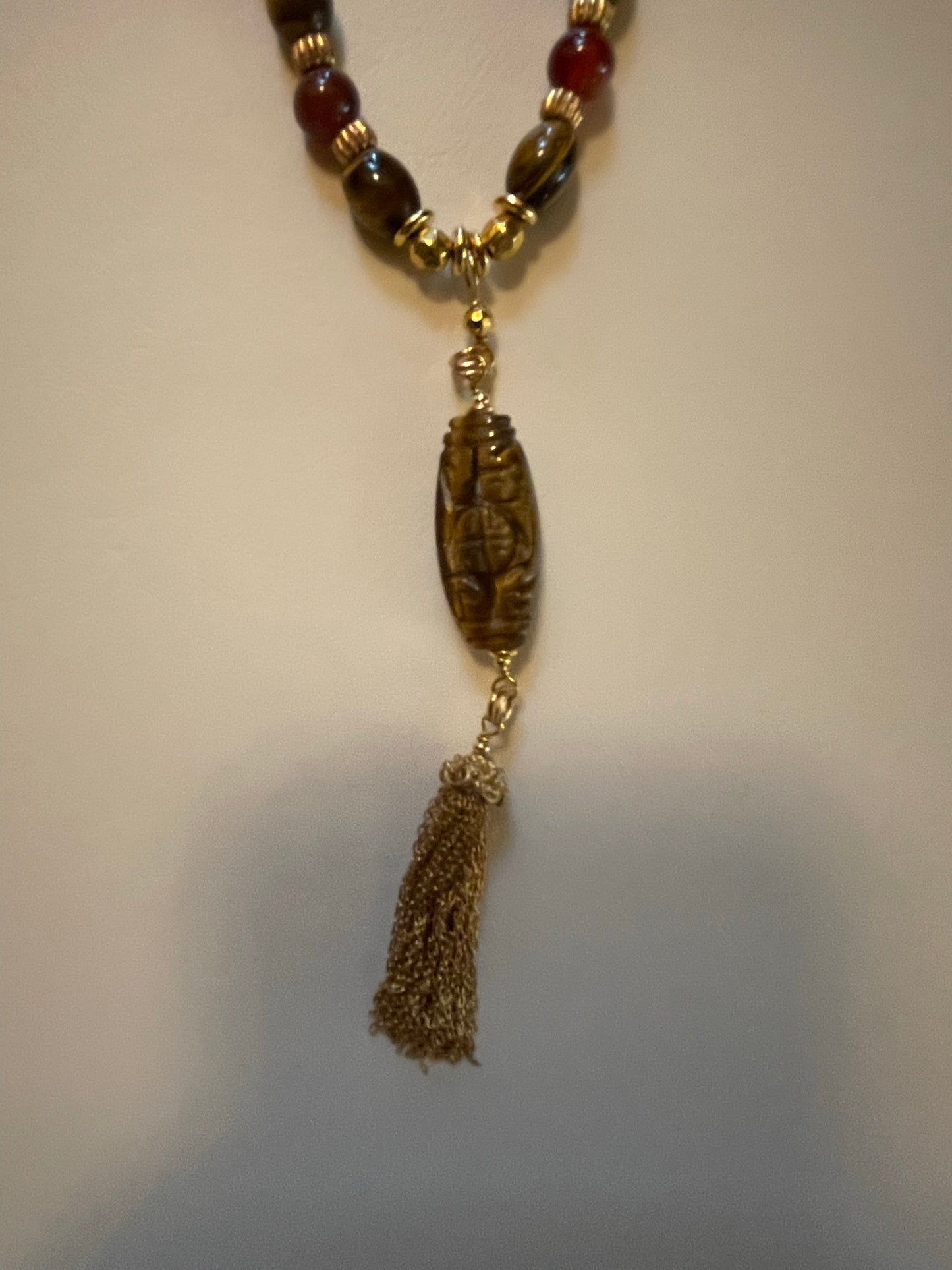 Graded Color Carnelian and Tigereye Necklace with Carved Stone and Chain Tassel