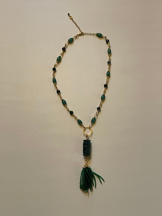 Gorgeous Wirework Aventurine & Moss Agate Necklace with Carved Stone, Emerald Accent, and Handmade Tassel