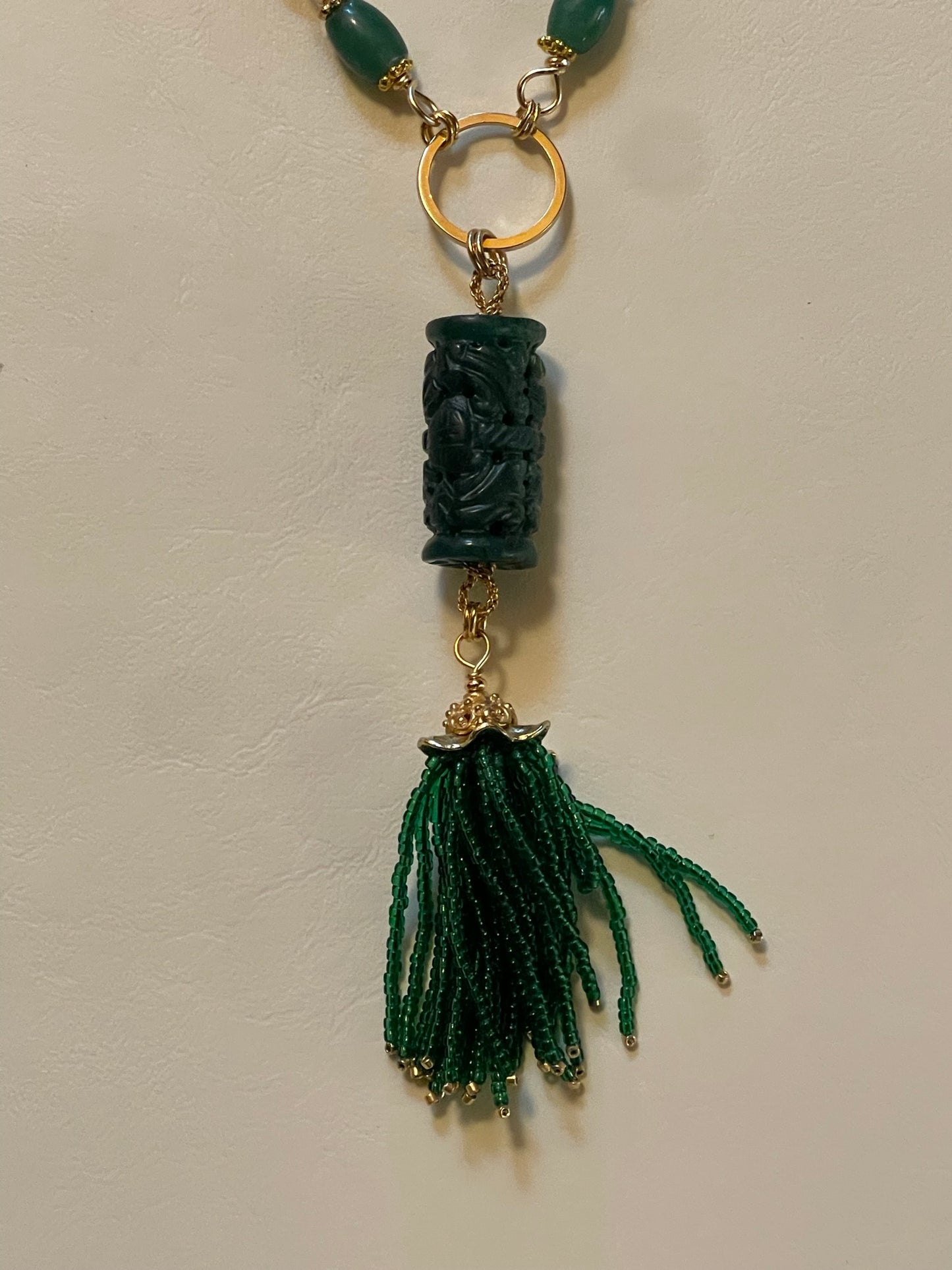 Gorgeous Wirework Aventurine & Moss Agate Necklace with Carved Stone, Emerald Accent, and Handmade Tassel