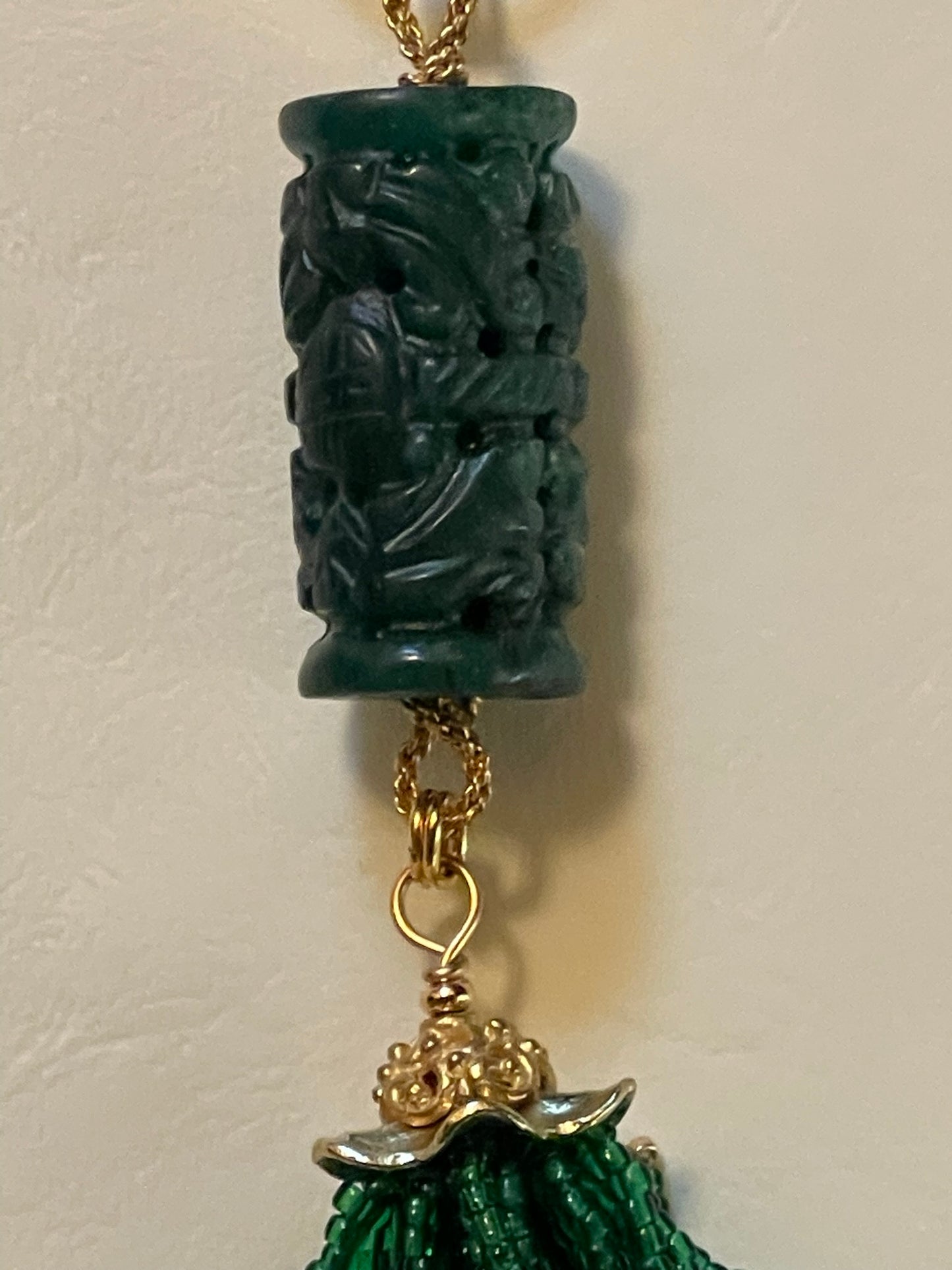 Gorgeous Wirework Aventurine & Moss Agate Necklace with Carved Stone, Emerald Accent, and Handmade Tassel