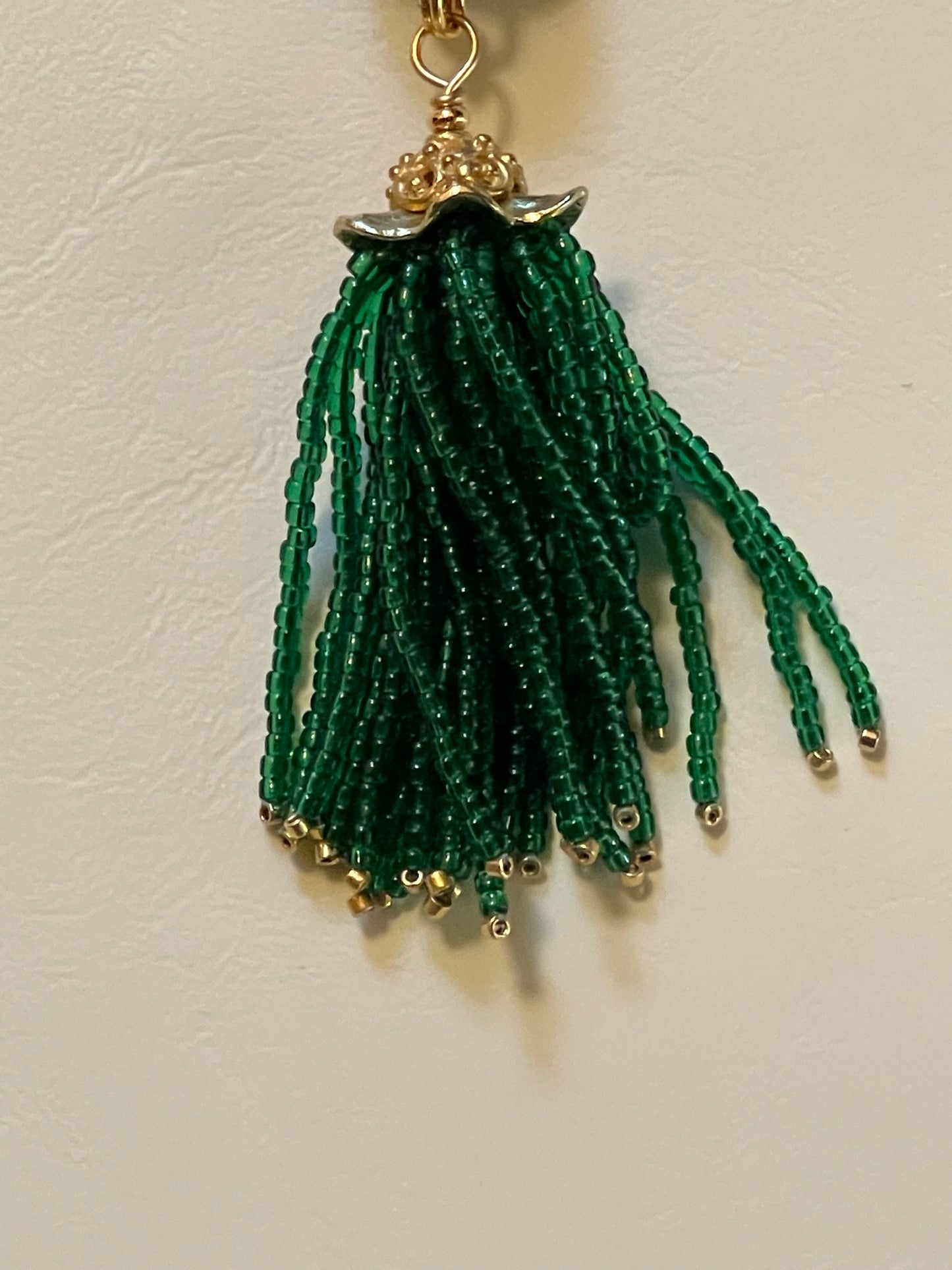 Gorgeous Wirework Aventurine & Moss Agate Necklace with Carved Stone, Emerald Accent, and Handmade Tassel